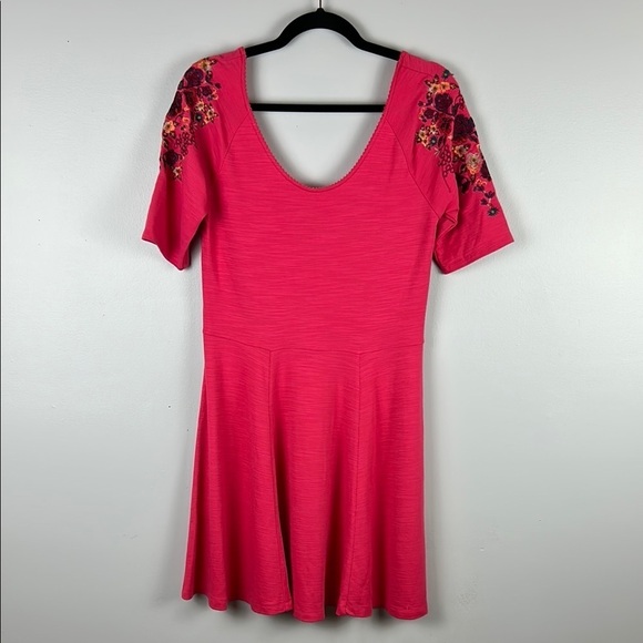 Free People Floral Garden Embroidered Sleeve A Line Dress Large Pink Raspberry - Picture 2 of 13